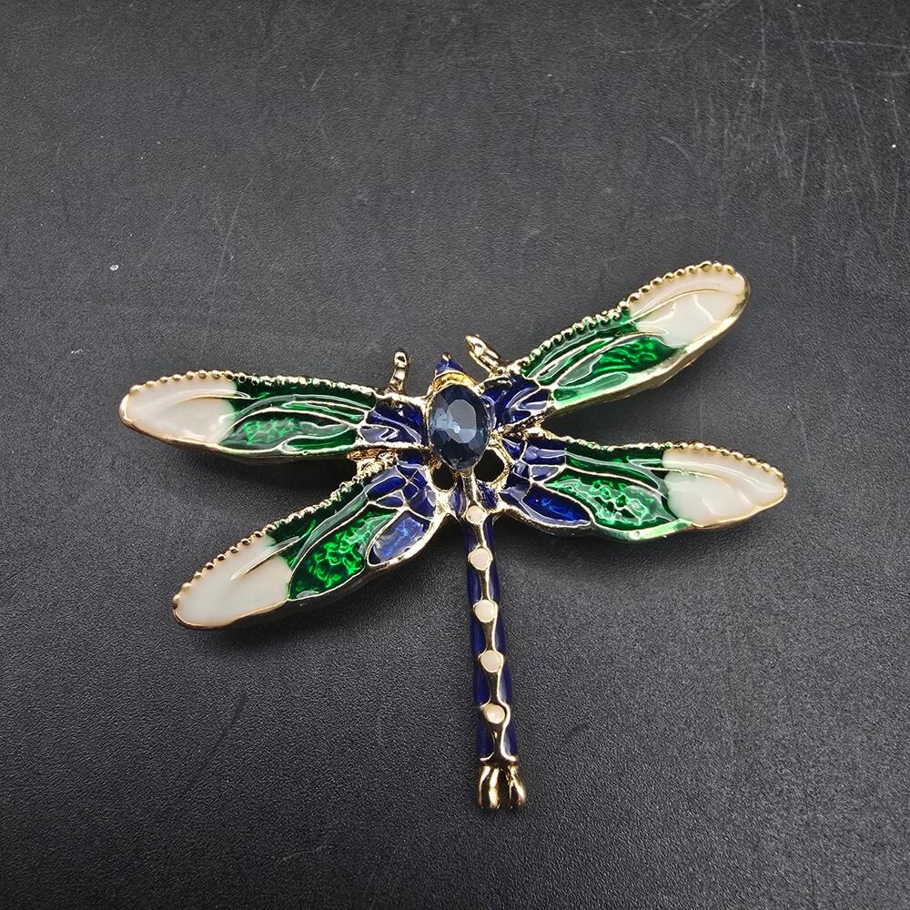 Blue Green Enamel Dragonfly Brooch Gold Tone Bug Insect Jewelry